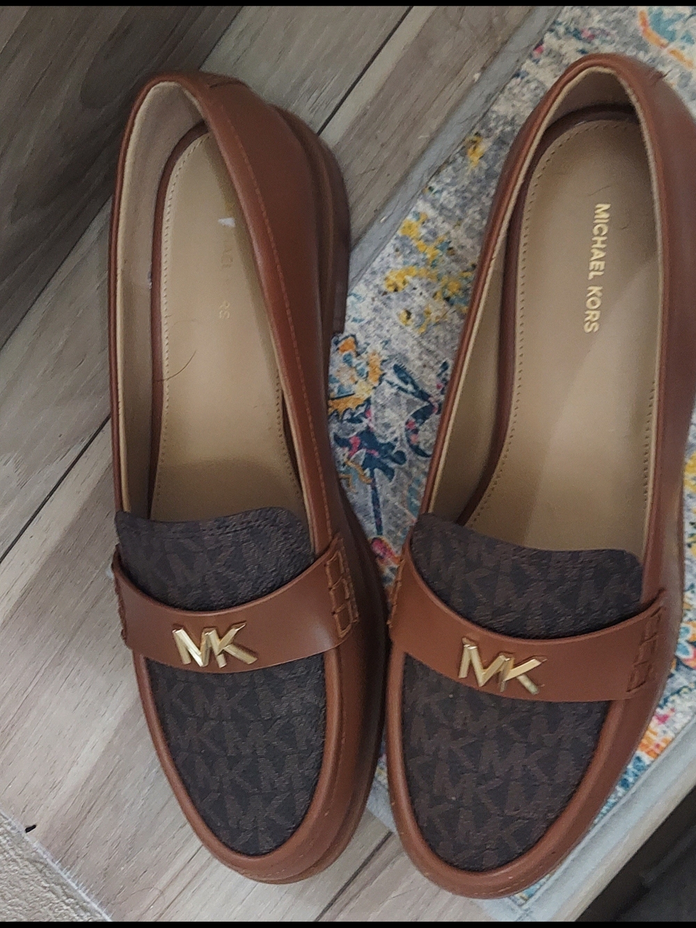 Michael Kors Brown & Tan Lex MK Logo Leather Loafers